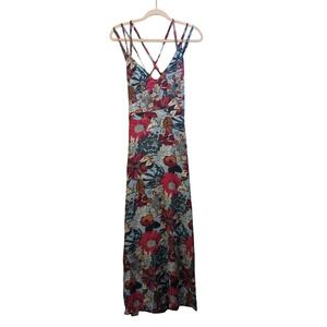 Hummingbird Floral Maxi Dress Beach Vacation Garden Party Resort Boho Flowy Sz L